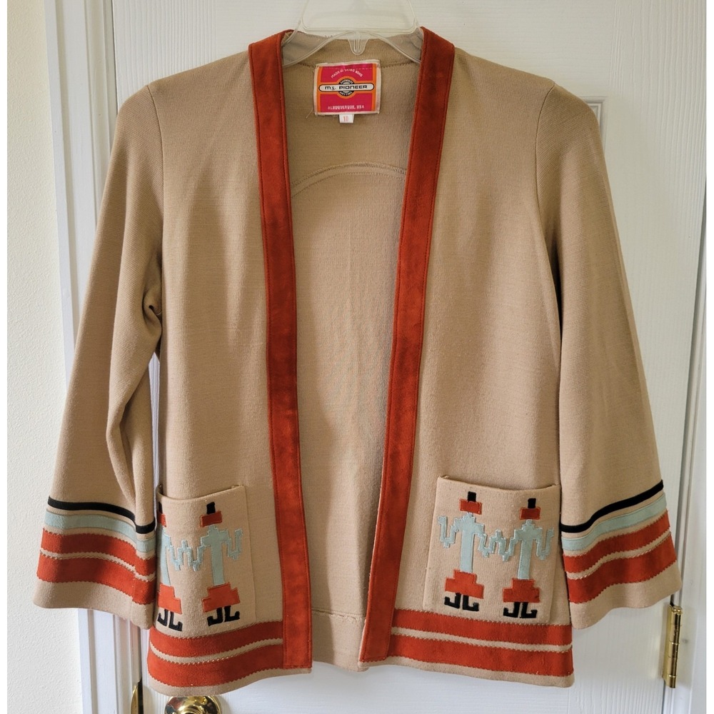Vintage Cardigan‎ Sz 10 Wool Suede Fall Colors Southwestern Native Ms. Pioneer